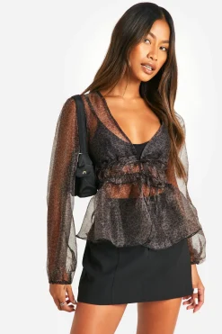 boohoo Blouse à imprimé micro, manches volumineuses nouées<Femme Imprimé Léopard|Tops