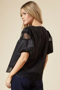 Blouse à Manches Courtes avec Plis Devant et Finitions en Dentelle