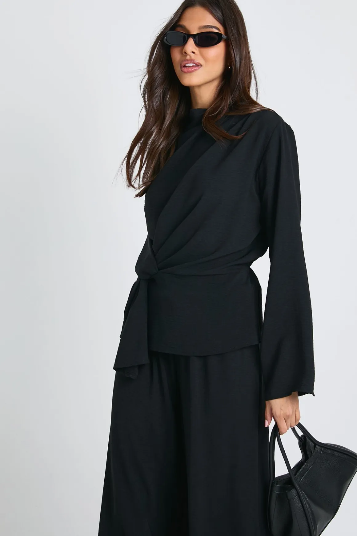 Blouse à manches longues drapée tissée et pantalon coordonné