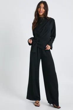 Blouse à manches longues drapée tissée et pantalon coordonné