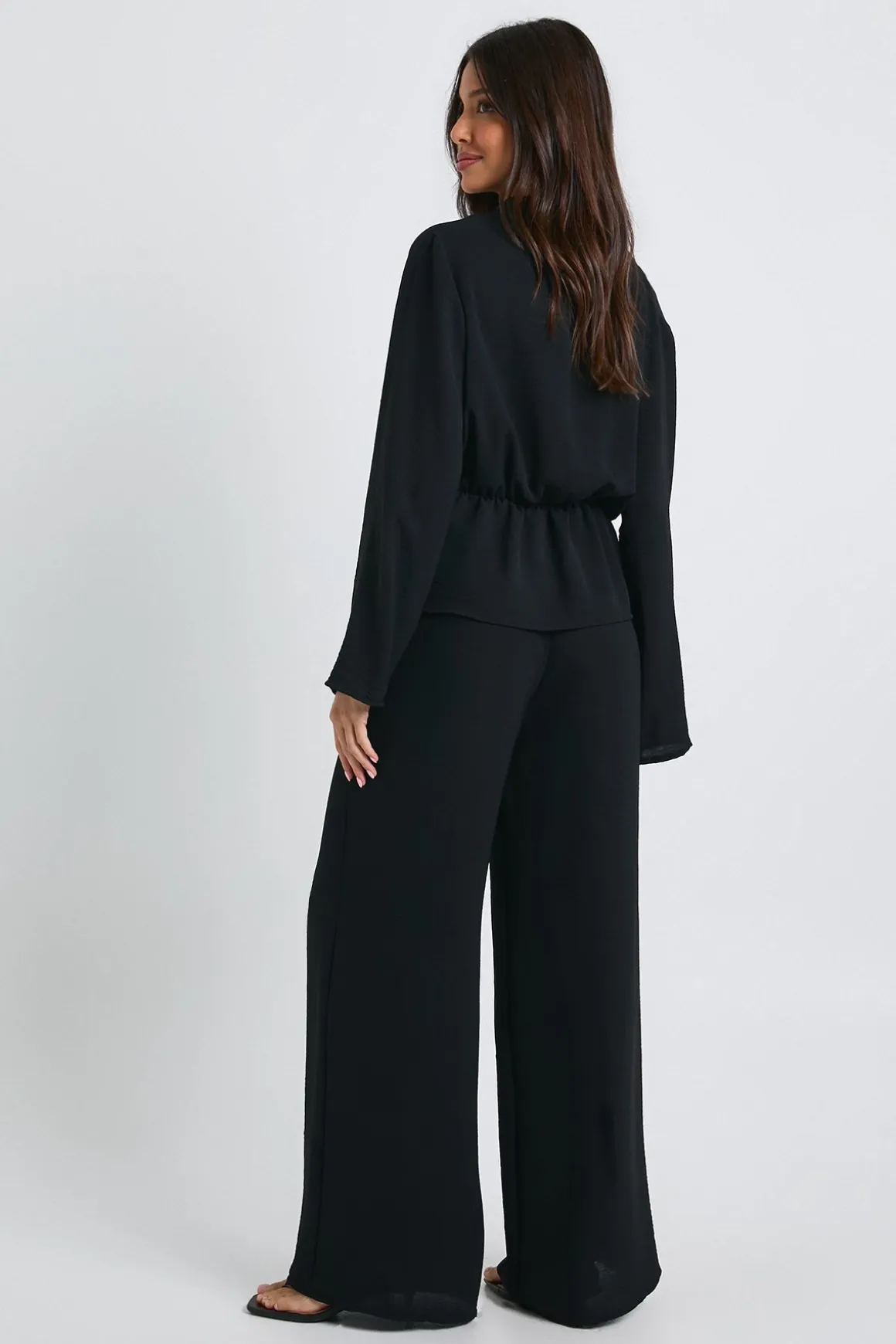 Blouse à manches longues drapée tissée et pantalon coordonné