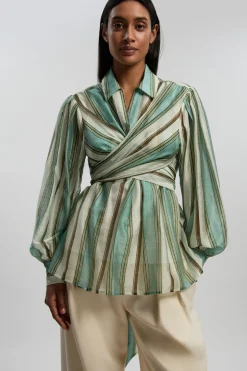 Blouse À Manches Spectaculaires En Organdi Slub Rayé Avec Détail Portefeuille Tissé