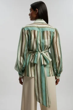 Blouse À Manches Spectaculaires En Organdi Slub Rayé Avec Détail Portefeuille Tissé