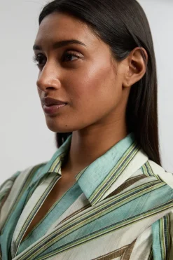 Blouse À Manches Spectaculaires En Organdi Slub Rayé Avec Détail Portefeuille Tissé