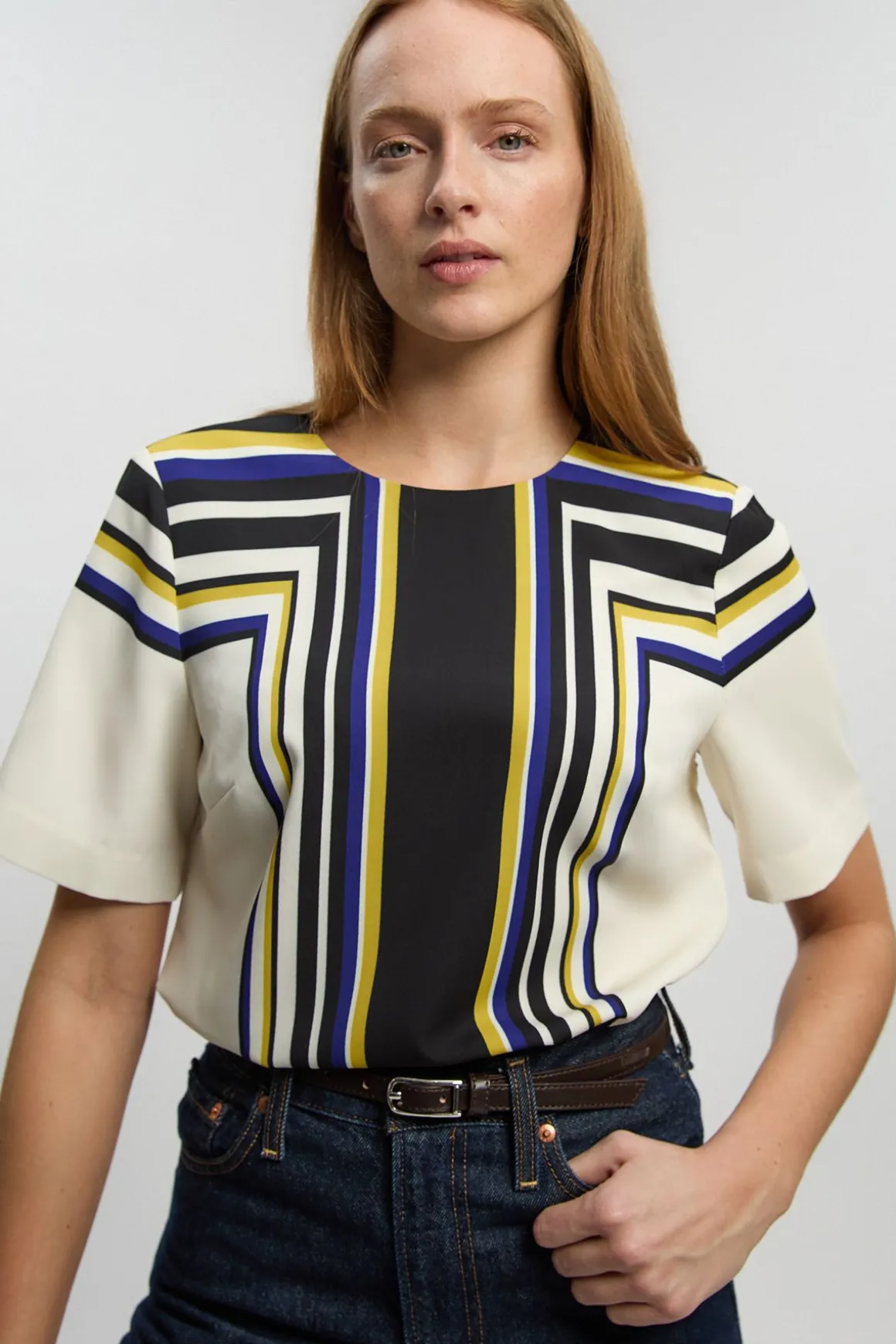 Blouse À Manches Évasées En Sergé Tissé À Rayures Contrastées