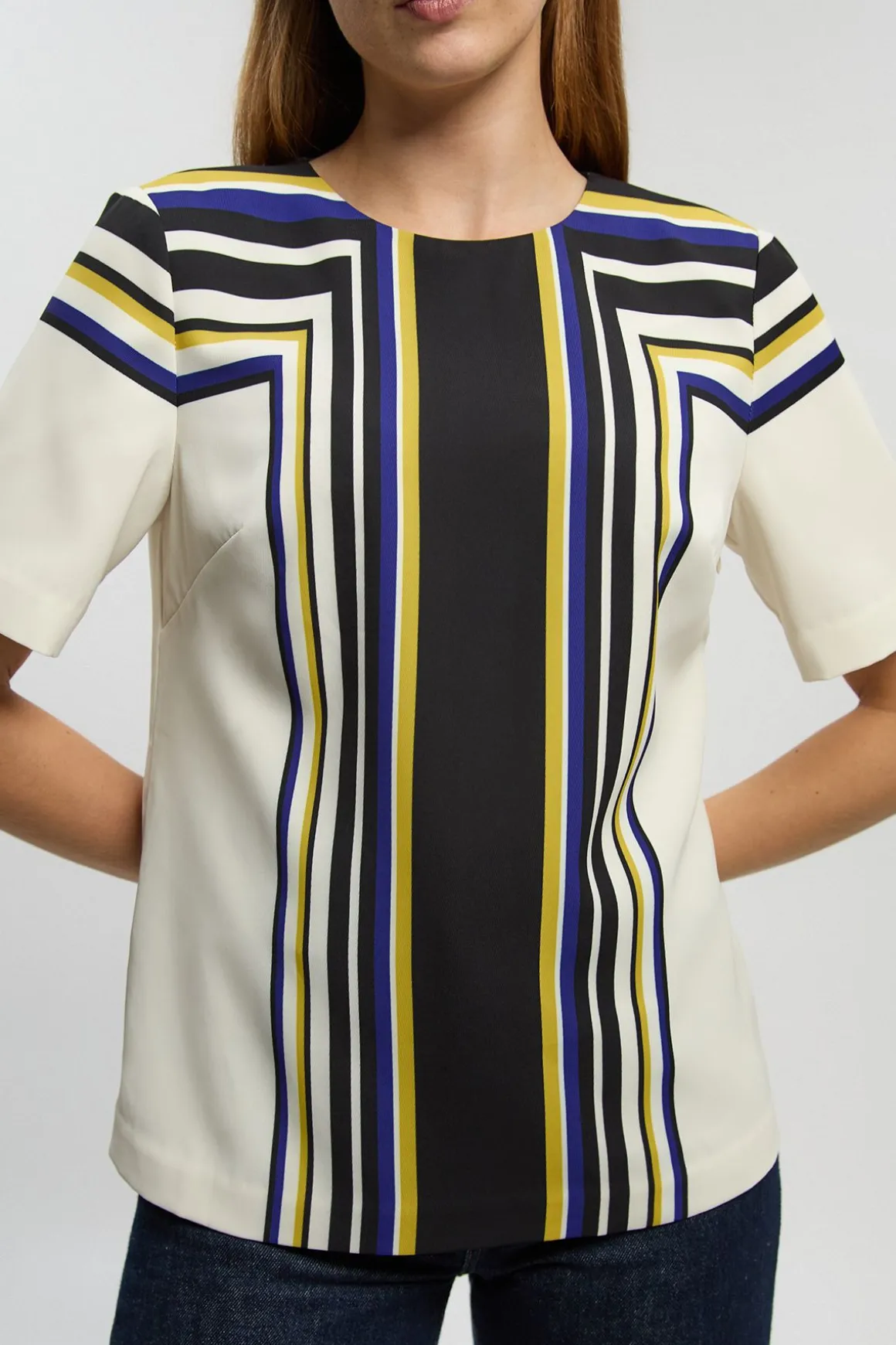 Blouse À Manches Évasées En Sergé Tissé À Rayures Contrastées