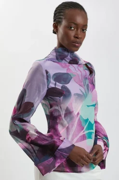 Blouse À Manches Évasées Tissée Avec Détail Foulard En Organza À Imprimé Floral Photographique