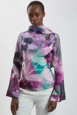 Blouse À Manches Évasées Tissée Avec Détail Foulard En Organza À Imprimé Floral Photographique