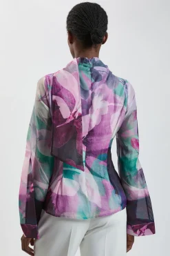 Blouse À Manches Évasées Tissée Avec Détail Foulard En Organza À Imprimé Floral Photographique