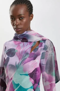 Blouse À Manches Évasées Tissée Avec Détail Foulard En Organza À Imprimé Floral Photographique