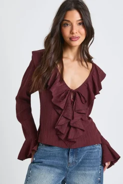 boohoo Blouse à nouer à l'avant en tissu texturé froissé<Femme Looks Chocolat|Tops D’Automne