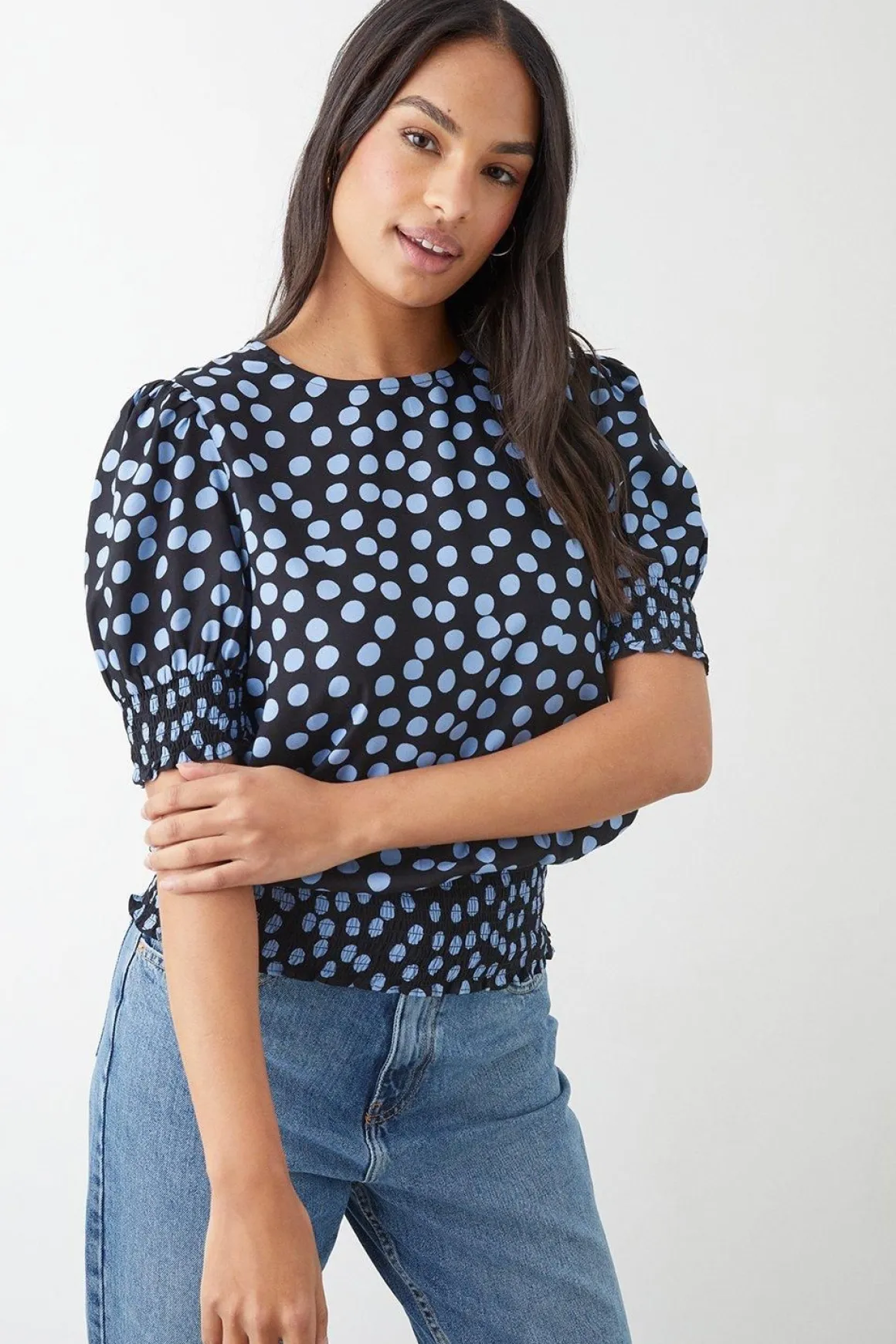 Blouse à Ourlet Froncé Pois Bleus