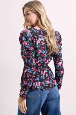 Blouse Peplum Imprimée Florale Noire avec Détails Boutonnés