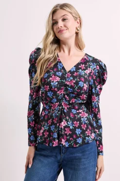 Blouse Peplum Imprimée Florale Noire avec Détails Boutonnés