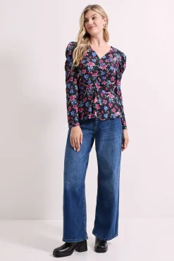 Blouse Peplum Imprimée Florale Noire avec Détails Boutonnés