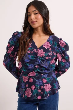 Blouse Peplum Imprimée à Motifs Floraux Bleus avec Détails Boutonnés Petite Taille