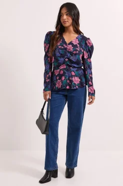 Blouse Peplum Imprimée à Motifs Floraux Bleus avec Détails Boutonnés Petite Taille