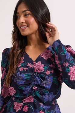 Blouse Peplum Imprimée à Motifs Floraux Bleus avec Détails Boutonnés Petite Taille