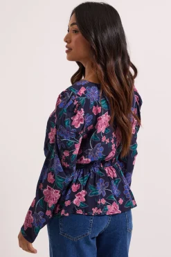 Blouse Peplum Imprimée à Motifs Floraux Bleus avec Détails Boutonnés Petite Taille