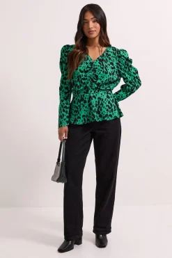 Blouse Peplum Imprimée Petite Verte à Motif Animal avec Détails Boutonnés