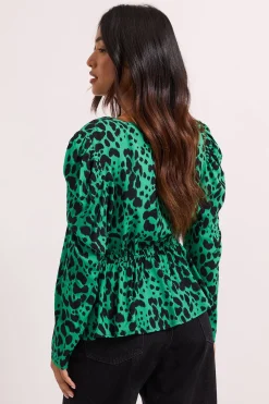 Blouse Peplum Imprimée Petite Verte à Motif Animal avec Détails Boutonnés