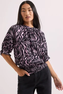 Blouse Petite à Col Volant et Poignets Froncés