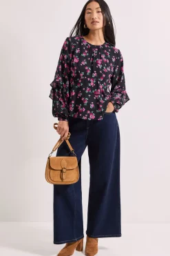 Blouse Petite Noire à Imprimé Floral avec Manches Bouffantes à Volants et Couture Empire