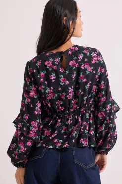 Blouse Petite Noire à Imprimé Floral avec Manches Bouffantes à Volants et Couture Empire