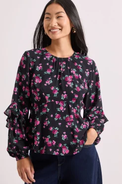 Blouse Petite Noire à Imprimé Floral avec Manches Bouffantes à Volants et Couture Empire