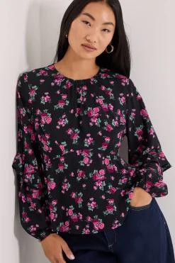 Blouse Petite Noire à Imprimé Floral avec Manches Bouffantes à Volants et Couture Empire