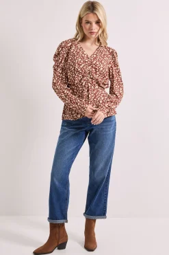Blouse Péplum Imprimée avec Détails Boutons Animaux