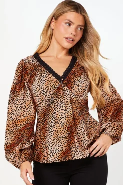 Dorothy Perkins Blouse Tea à Manches Ballon Motif ier avec Dentelle et Boutons<Femme Satin Et Dentelle|Tops