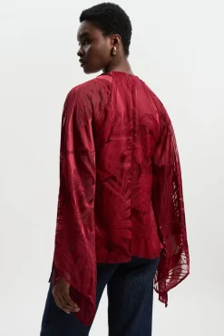 Blouse Tissée Dévorée à Manches Évasées avec Détail de Finition