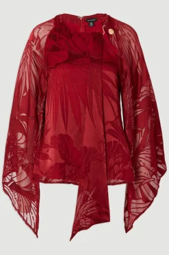 Blouse Tissée Dévorée à Manches Évasées avec Détail de Finition