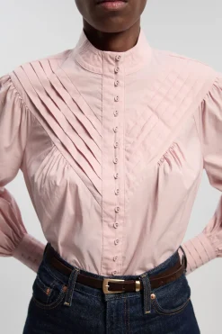 Blouse Tissée En Coton À Col Montant Plissé Et Manches Bouffantes