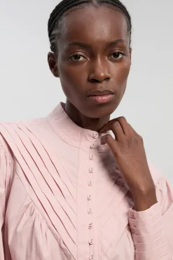Blouse Tissée En Coton À Col Montant Plissé Et Manches Bouffantes
