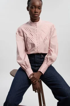 Blouse Tissée En Coton À Col Montant Plissé Et Manches Bouffantes
