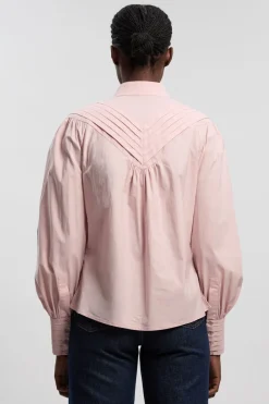 Blouse Tissée En Coton À Col Montant Plissé Et Manches Bouffantes