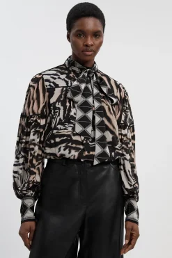 Blouse Tissée En Georgette De Viscose À Imprimé Animal Avec Manches Ballon