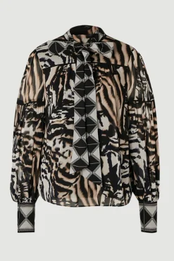 Blouse Tissée En Georgette De Viscose À Imprimé Animal Avec Manches Ballon
