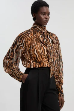 Blouse Tissée à Imprimé Animal en Georgette avec Nœud au Col