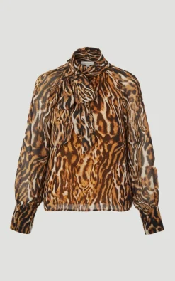 Blouse Tissée à Imprimé Animal en Georgette avec Nœud au Col