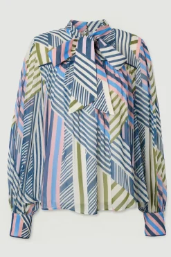 Blouse Tissée à Imprimé Géométrique en Georgette de Viscose avec Nœud Lavallière