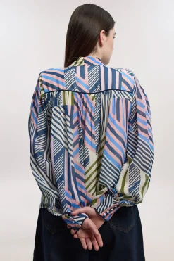 Blouse Tissée à Imprimé Géométrique en Georgette de Viscose avec Nœud Lavallière