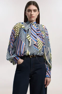 Blouse Tissée à Imprimé Géométrique en Georgette de Viscose avec Nœud Lavallière