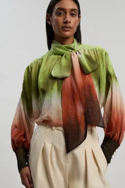 Blouse Tissée À Manches Bouffantes Avec Imprimé Ombré Métallisé