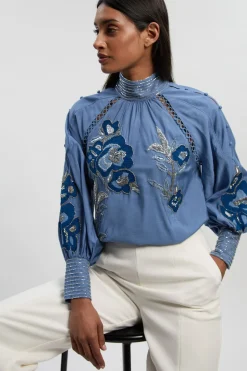 Blouse Tissée à Manches Bouffantes Brodée et Perlée