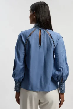 Blouse Tissée à Manches Bouffantes Brodée et Perlée
