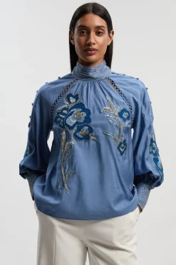 Blouse Tissée à Manches Bouffantes Brodée et Perlée