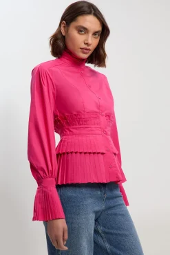 Blouse Tissée à Manches Longues en Popeline de Coton avec Détails de Volants Étagés
